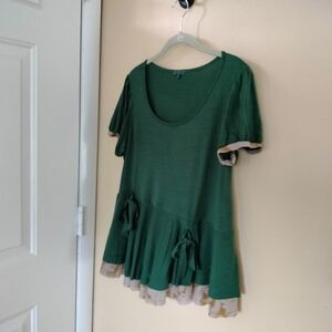 Left Of Center Green Taupe Womens Top Shirt Bows L Artsy Lagenlook Stretch